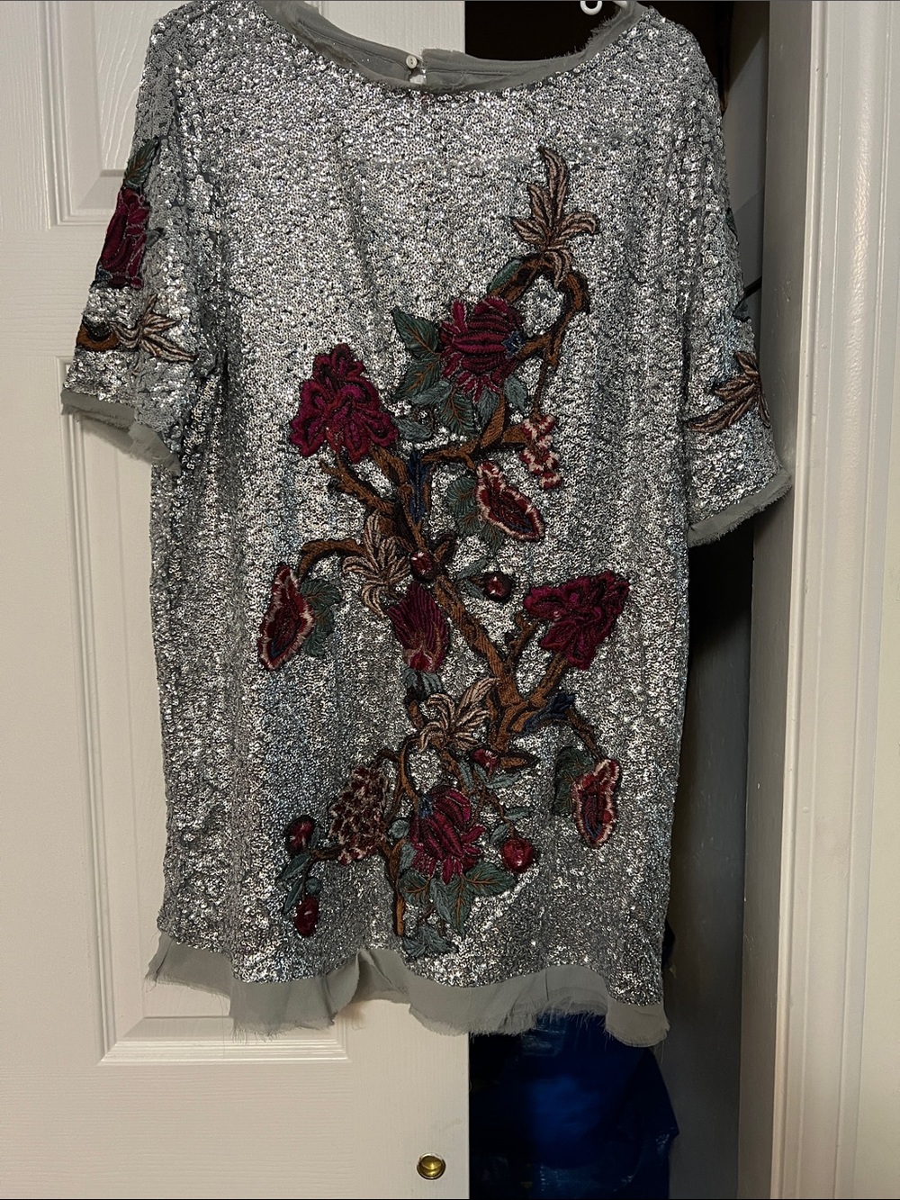 Zara Silver Sequin Mini Dress with Burgundy Floral Embroidery